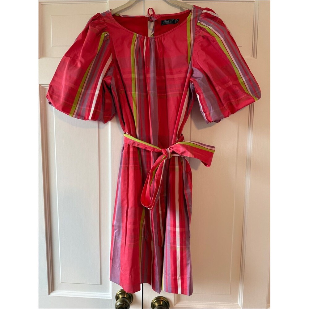 VINEYARD VINES Bright Pink Plaid Belted Shift Dress Puff Balloon Sleeves Size XS